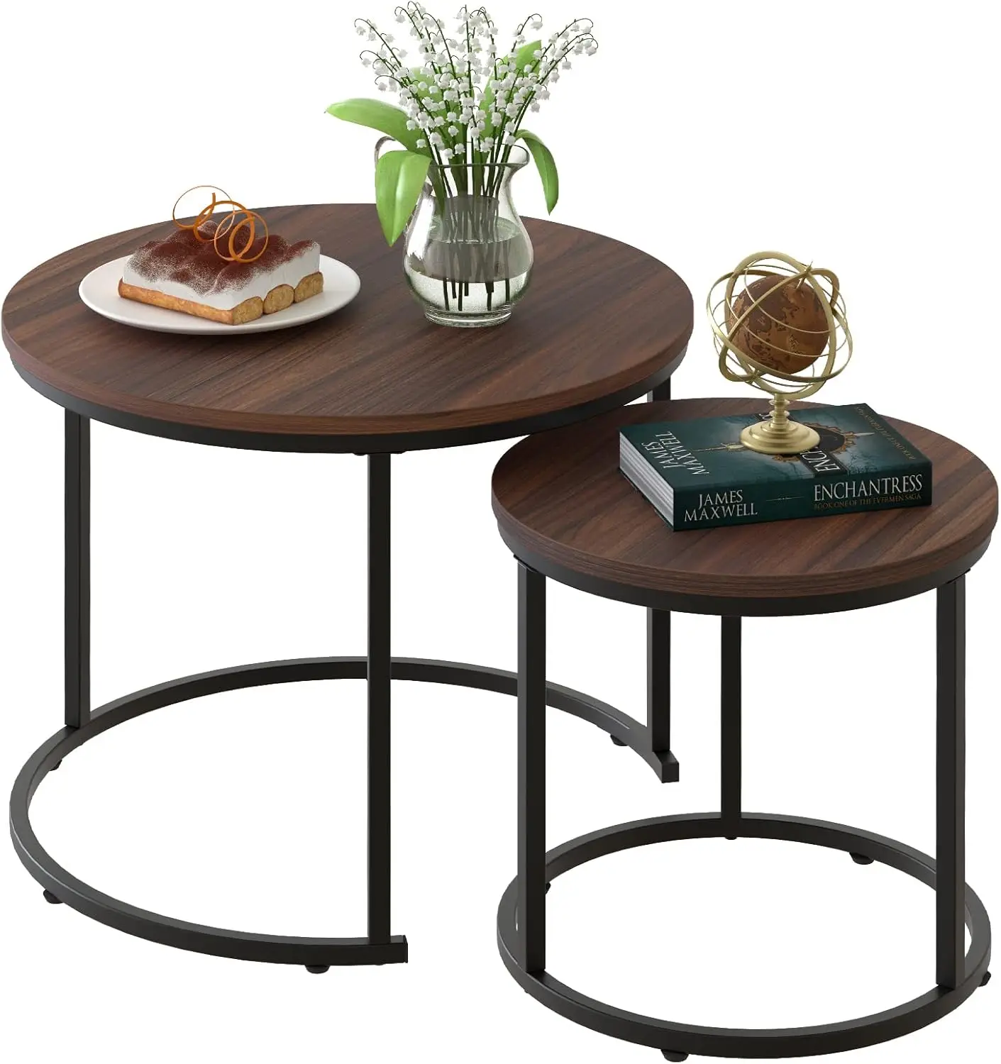 

Coffee Table Nesting Side Round Set of 2 End Table Top Sturdy Metal Frame Desk Centerpiece Living Room Bedroom Apartment Modern