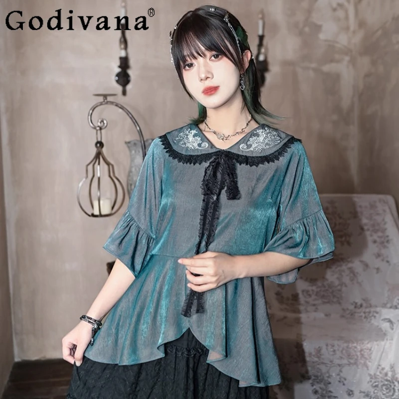 

Embroidery Cute Peter Pan Collar New Chinese Summer Short Sleeve Shirt Girl Irregular Lace Ruffles Age-reducing Versatile Top
