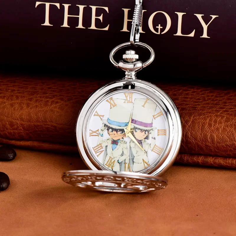 Silver large chain pocket watch Cartoon design pocket watch Petal hollow pocket watch Nostalgic quartz watch