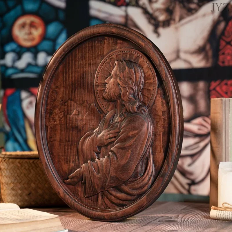 Religious Jesus Praying Oval Wooden Plaque, Catholic Saint Statue, Home Wall Hanging Decor