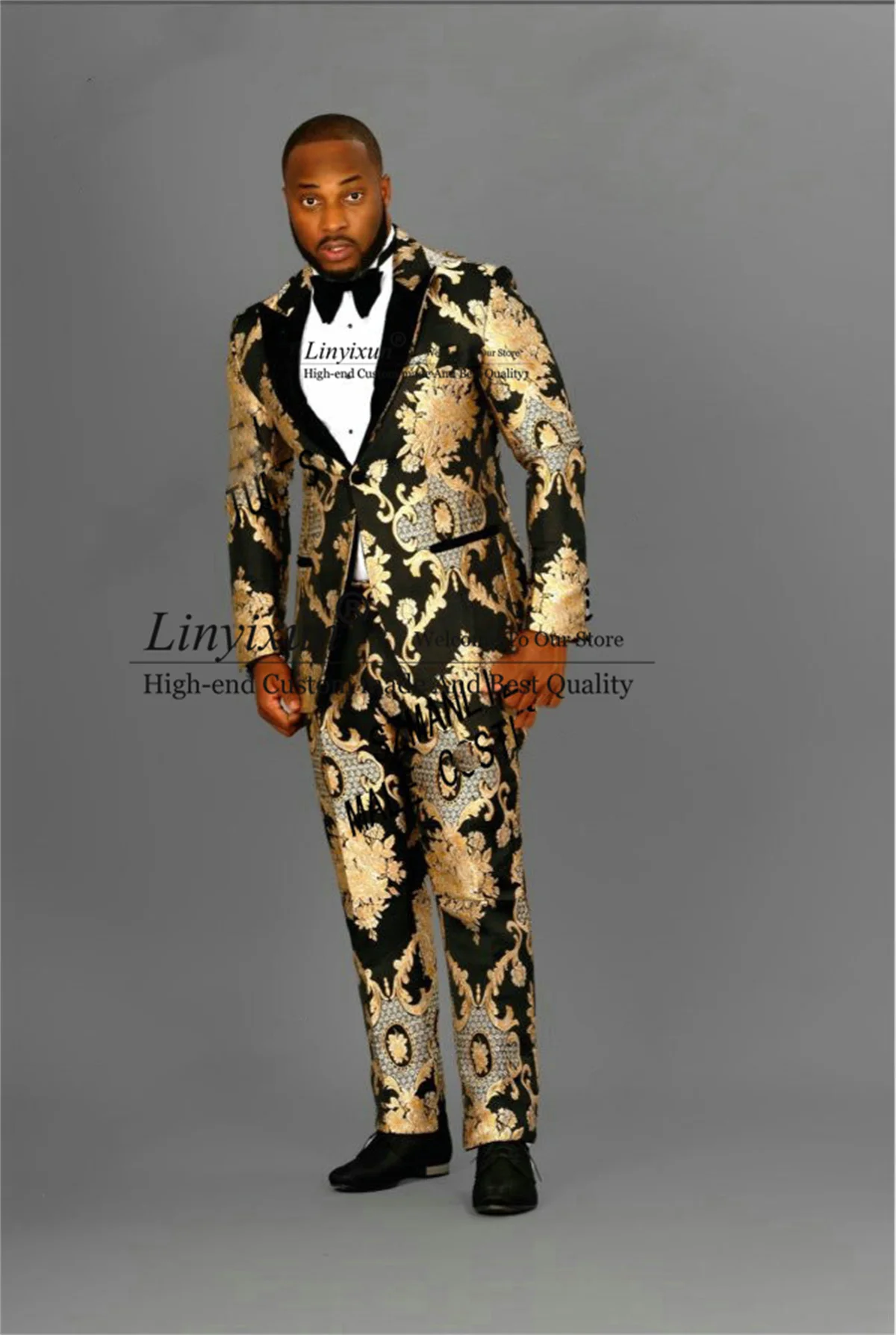 Black Gold Embroidery Floral Men Suits Peaked Lapel Groom Wedding Tuxedos 2 Pieces Sets Male Prom Blazer Slim Fit Costume Homme