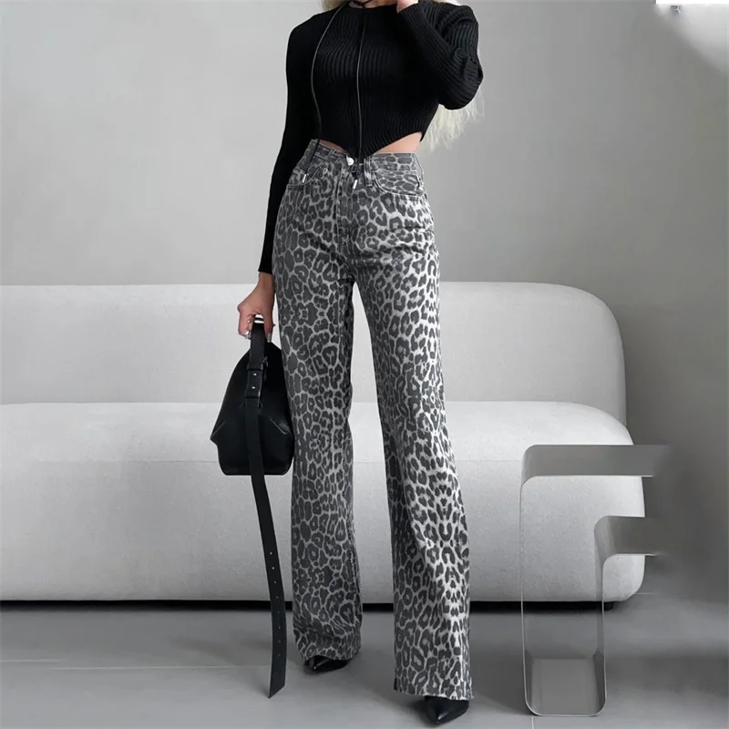 

2024 Autumn/Winter Sexy Leopard Print Women's Pants Vintage Old High-Waisted Jeans Straight Slim Pants