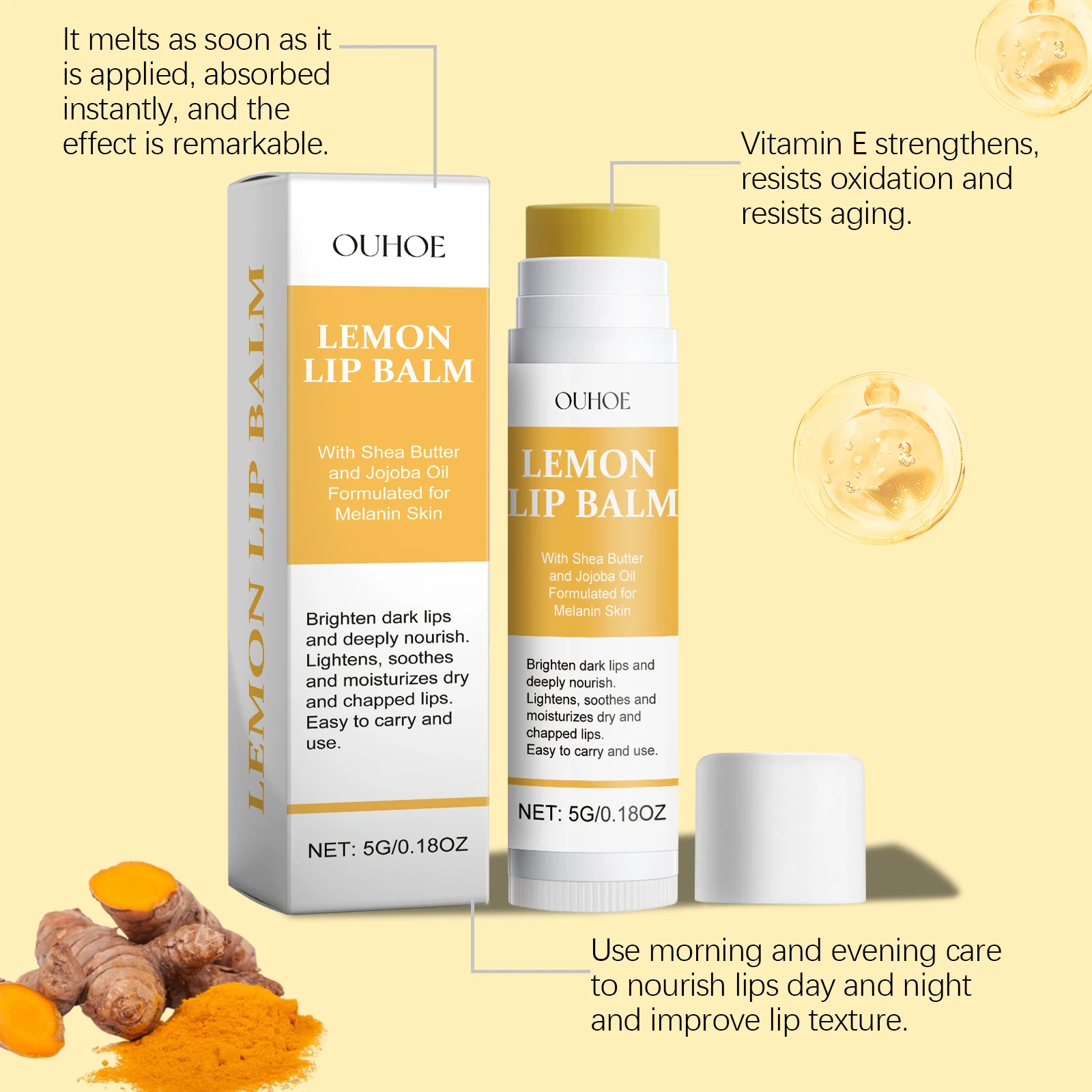 OUHOE 5g Lemon Ginger Lip Balm Moisturizing Hydrating Nourishing Lip Care For Soft Smooth Lips Daily Use