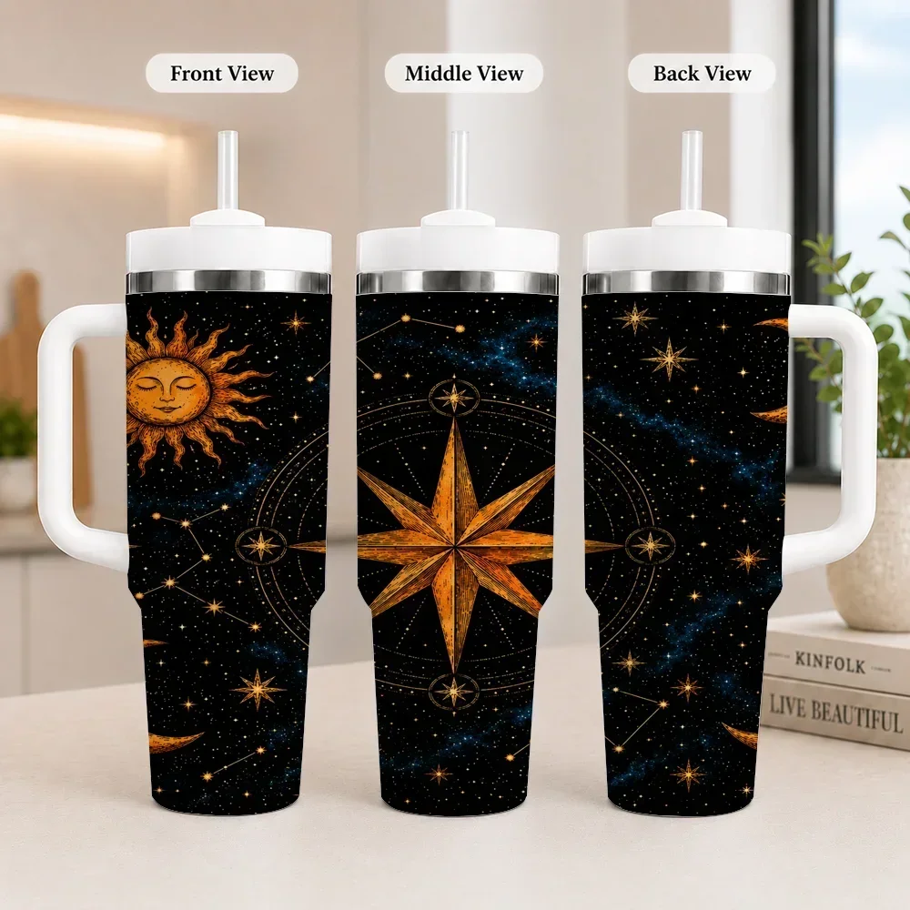40oz Celestial Sun Moon Star Constellation Tumbler With Handle And Straw Stainless Steel Insulated Travel Mug Galaxy Astrology Full Wrap Print Large Capacity Coffee Cup Gift