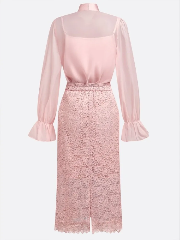 Freeacy 2026 Neues Damen-Kleid-Set, Fliege, Kragen, Puffärmel, Hemd und hoher Taille, Spitzenrock, weiblich, elegante Party-Kleider