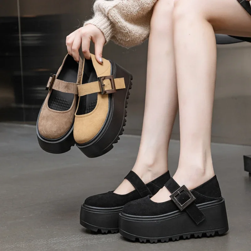 2026 8CM Cow Suede Natural Genuine Leather Sneakers Platform Shoes Spring Autumn Wedge Pumps Fashion Sneakers Mary Jane Women