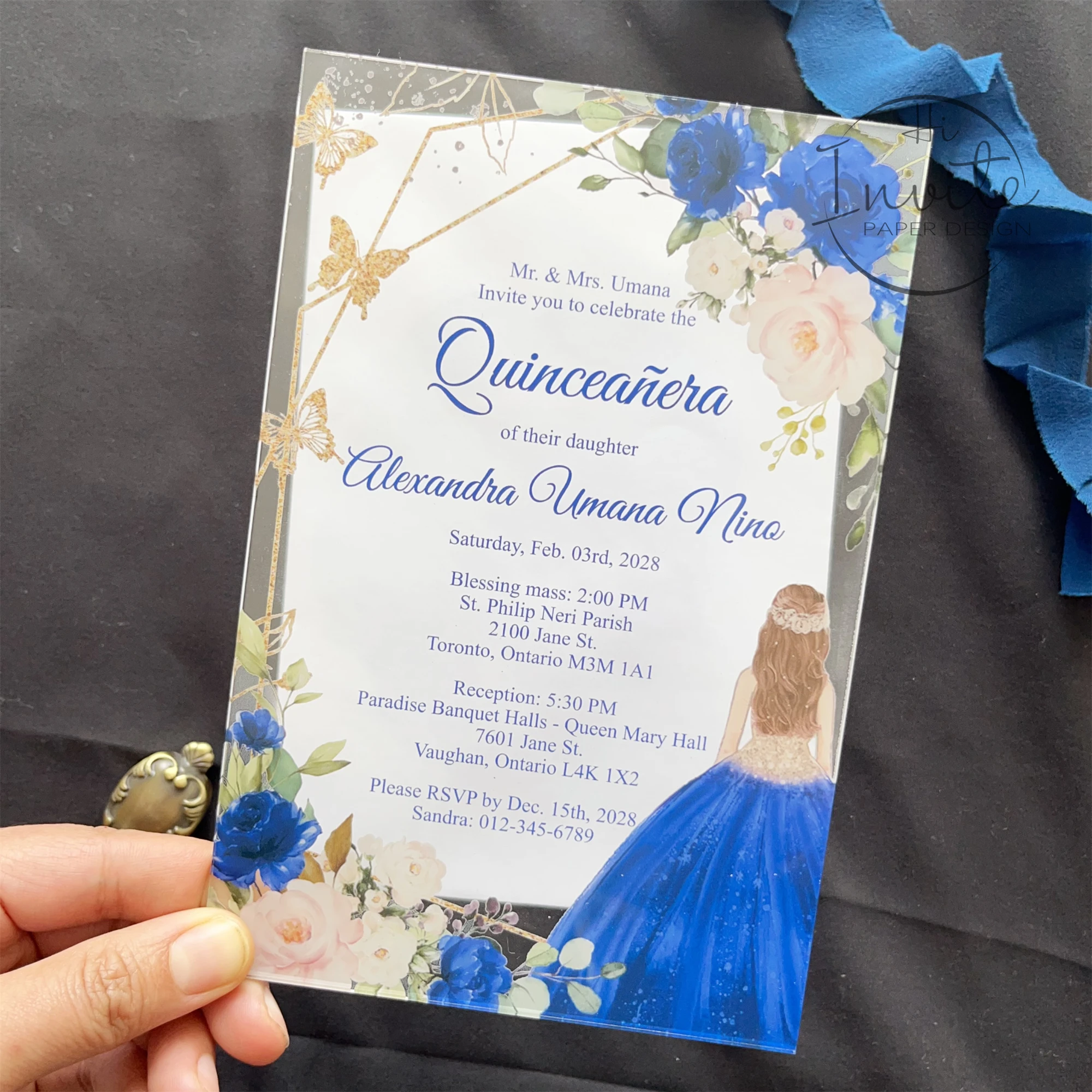 Royal Blue Rose And Gold Geometry Butterfly Quinceañera Invitation, Fancy Sweet 15 Invite, Modern Mis XV Anos Card In Spanish image 3