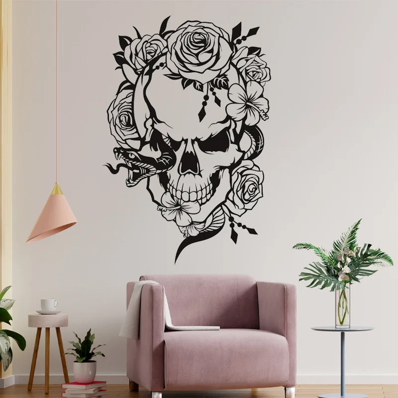 Creative Design Skull Snake and Flowers Vinyl Wall Sticker Day of The Dead Wicca Tattoo Studio Decor Decals Removable Mural Z581