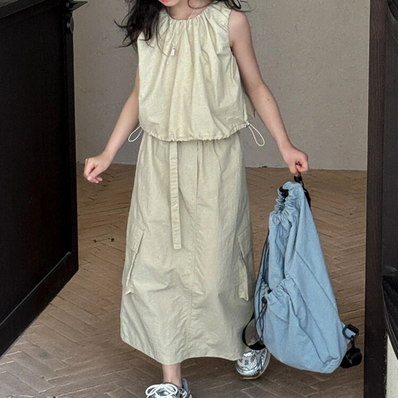 Girls Summer Set 2024 New Fashionable Girls Tank Top Casual Work Dress Two Piece Solid Color Simple Set Girls Clothes