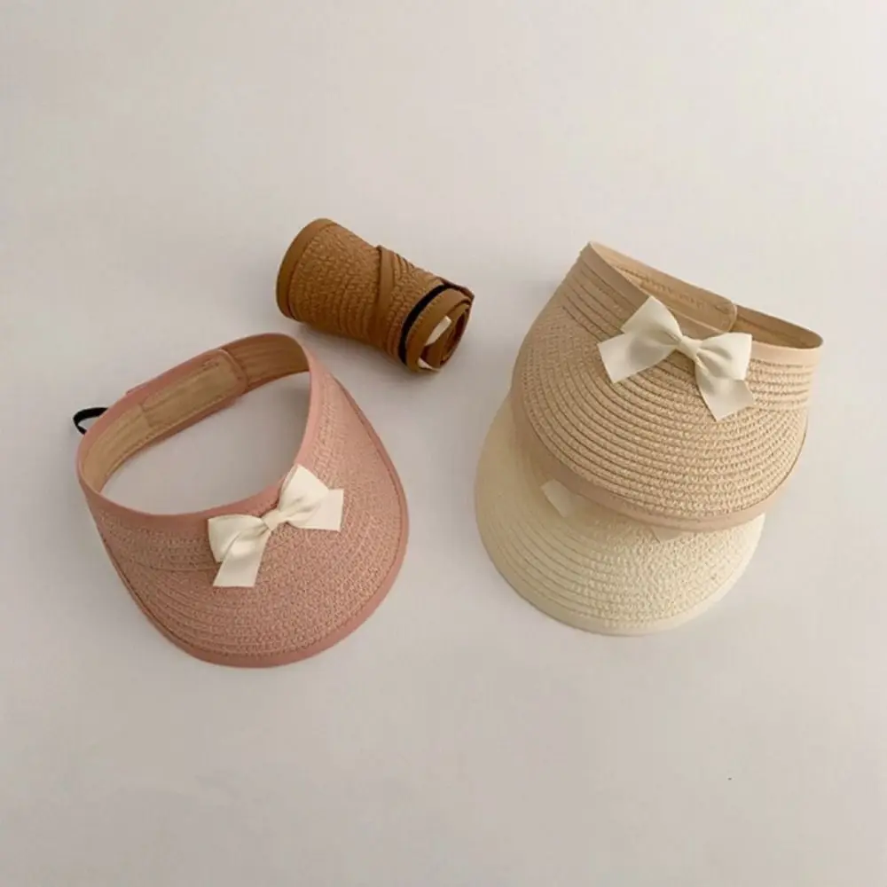 Trendy Korean Baby Straw Caps Anti-UV Empty Top Bow Straw Hat Sun Protection Wide Brim Visor Cap Outdoor