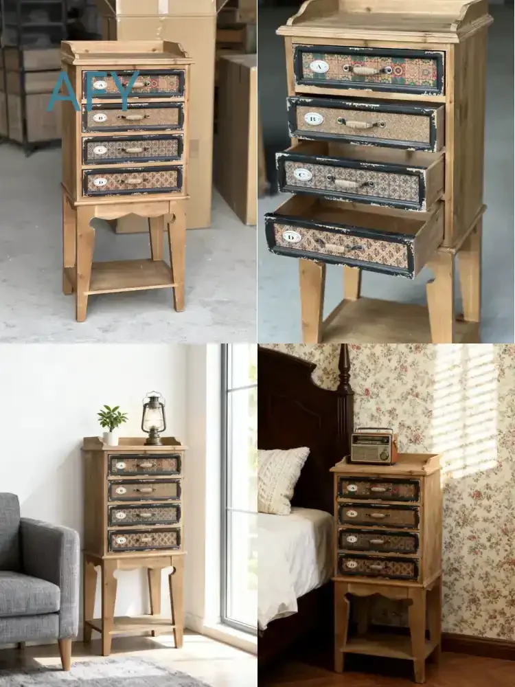 Vintage Storage Cabinet for 4 Drawers Distressed Wood Finish Rustic Farmhouse Style Freestanding Accent Chest for Living Room