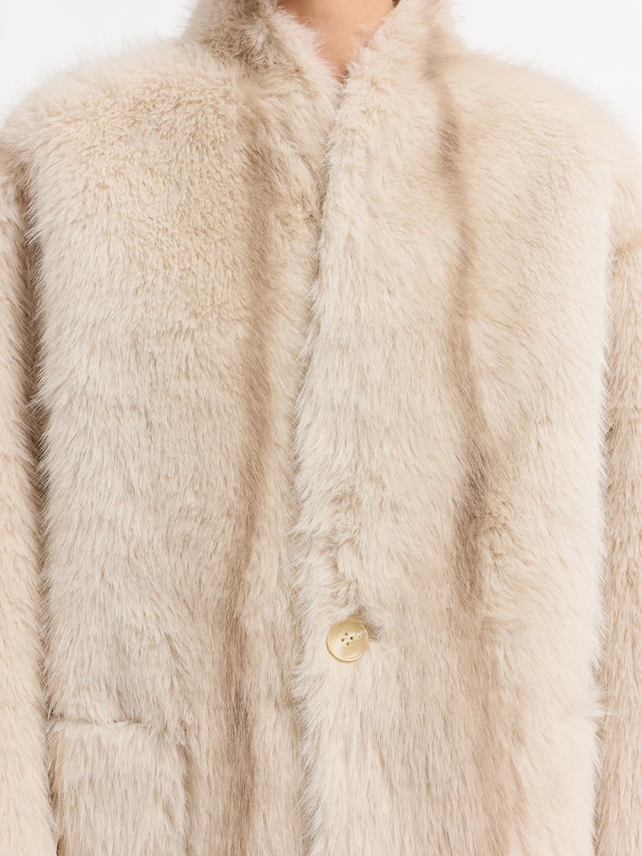 Women's Beige Cropped Fluffy Faux Fur Coat Button Stand Collar Winter Warm Thick Elegant Luxe Chic Outerwear