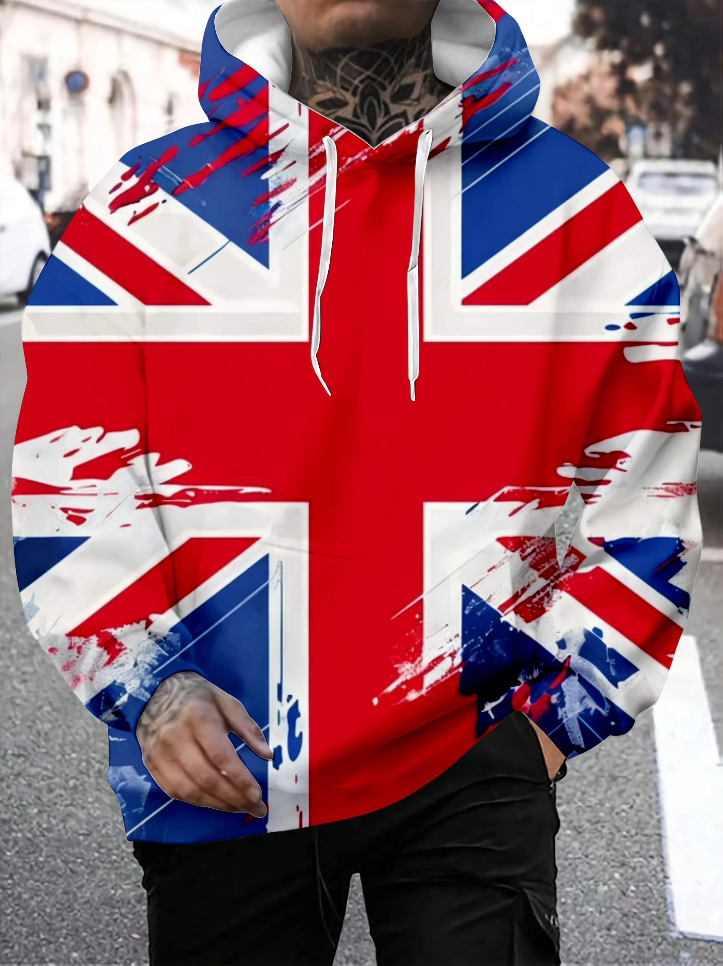New Men's Hoodie for Spring/Autumn, British Union Jack Print Hooded Sweatshirt, Casual Sporty Style Loose Top