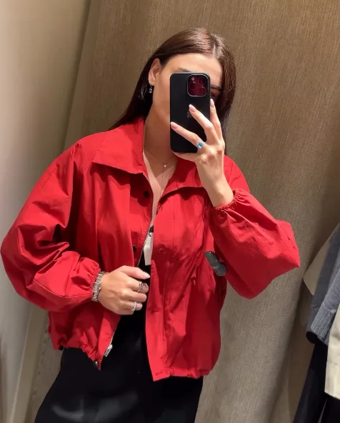 

Casual Red Short Jacket Women Loose Turndown Collar Single-breasted Long Sleeve Coats Female 2025 Autumn Fashion Lady Outwears