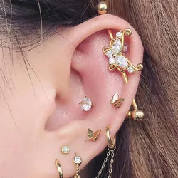 1PC Stainless Steel Industrial Piercing Zirconia Butterfly Ear Piercing Barbell 14G Gauge Pink Crystal Body Piercing