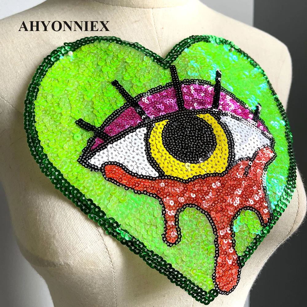 22CM Fashion Heart Shape Sequins Eye Clothing DIY Patches for Clothes Iron On Patch Badge Applique Embroidered Patches