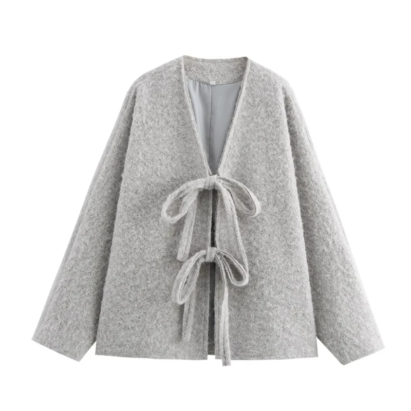 Fashionable V-neck Long Sleeved Top with Tie Up Sweater Lazy Style Women's Cardigan Top