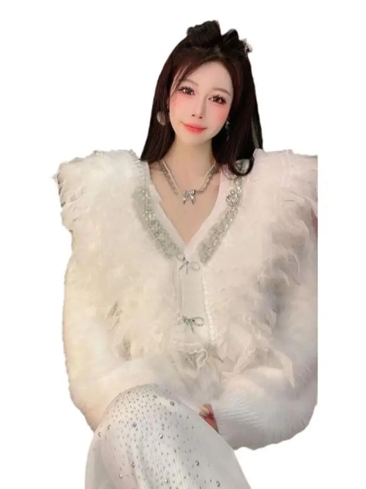 Trendy Beaded Diamond Feather Cute Fairy White Sweater for Women Autumn Winrer All-match V-neck Loose Knitted Cardigans Coat