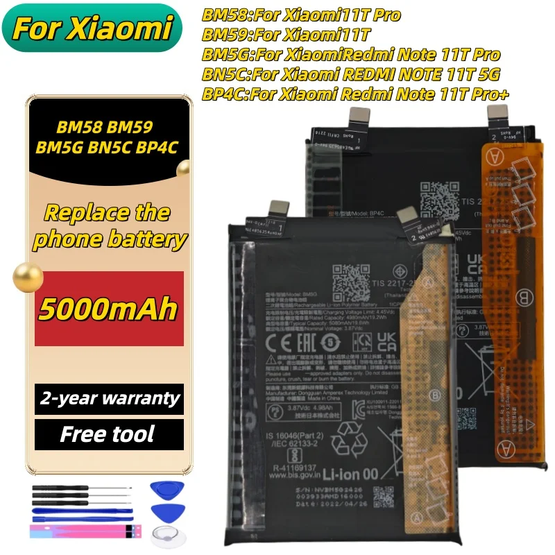 

New BN5C BM5G BM58 BM59 BP4C Battery For Xiaomi 11T/11T Pro/11T 5G/Redmi Note 11T Pro/Note 11T Pro+ Bateria+Free Tools