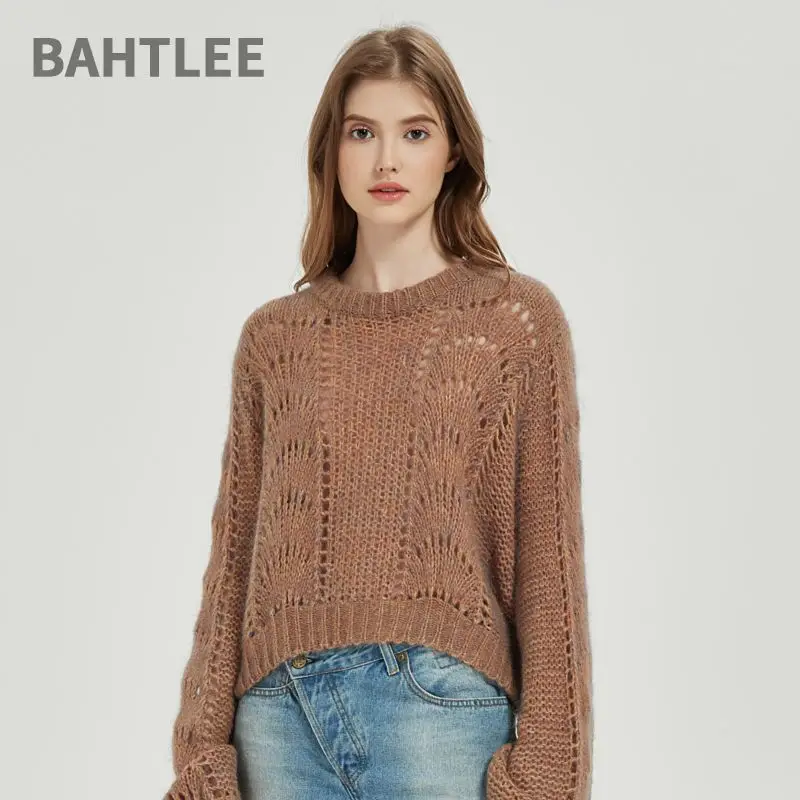 BAHTLEE-Women\'s Lantern Sleeves Knitted Sweater, Loose Pullover, Short Wool Jumper, Hollow Out, Autumn, Winter
