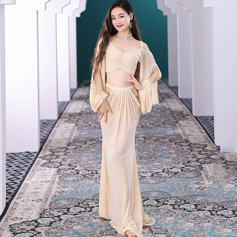 

Elegant Women Belly Dance Costume Pearls Decorated Top Oriental Dance Muwashahat Outfit Group Dance Costumes Long Fishtail Skirt