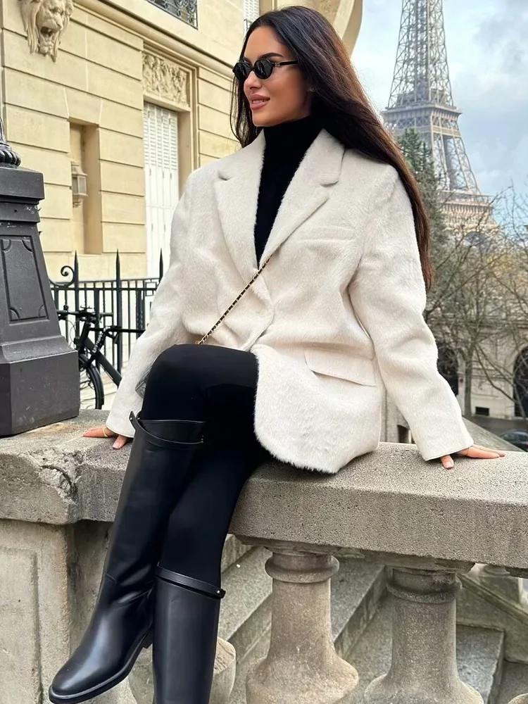 HXAO Women\'s Blazer White Faux Fur Blazer Office Wear Women Long Sleeve Fitted Blazers Women\'s Suit Jacket High Quality Blazers