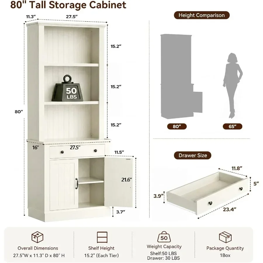 80 Tall Bookcase with Drawer and Doors for Living Room, Rustic White Wood, Farmhouse Style, Sturdy and Spacious Storage
