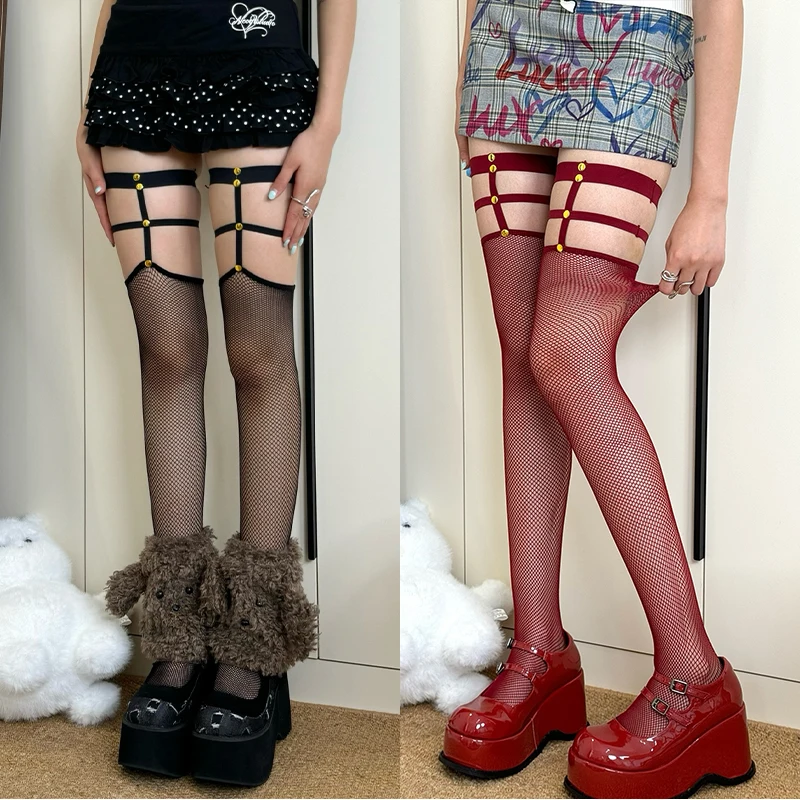 Punk Nieten ausgehöhlt Fischernetz Socke Frauen Strumpf 2025, sexy lange Beinstrümpfe zum Abnehmen über Kniestrümpfe y2k