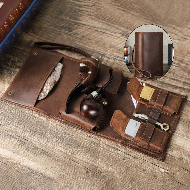

Vintage Crazy Horse Leather Tobacco Pouch | Tri-Fold Design with Wrist Strap | Portable Pipe Bag for Men & Women