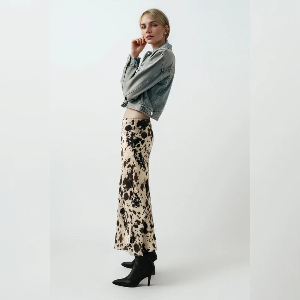 2024ZAR4 Spring Summer Women\'s Fashion niche animal print silk satin texture high waisted midi skirt
