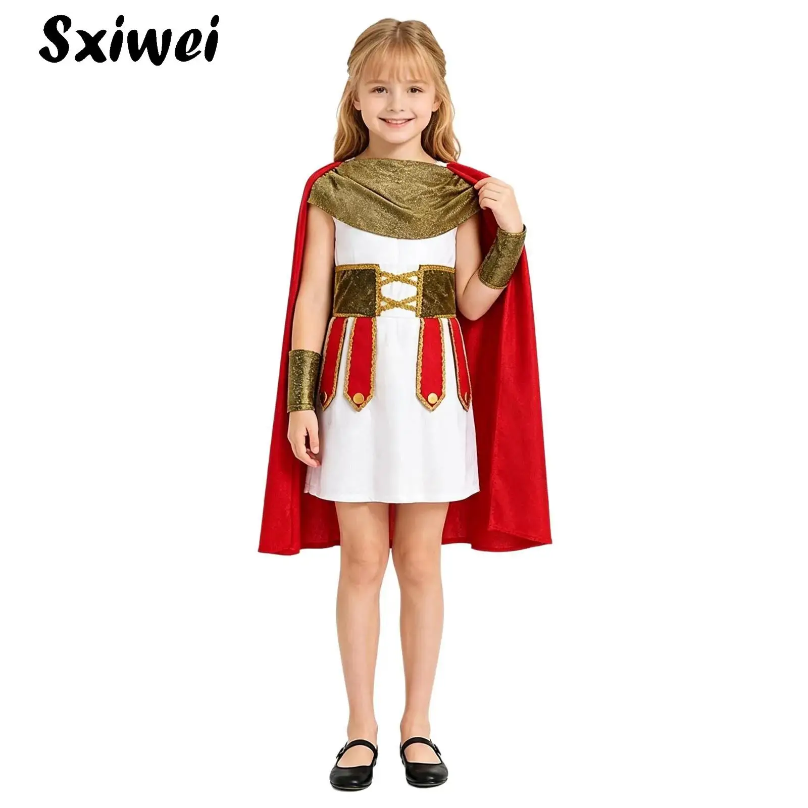 Halloween Roman Soldier Gladiator Dress Up Costume Boys Girls Ancient Greek Warrior Robe Dress with Cloak Waistband Wrist Guard