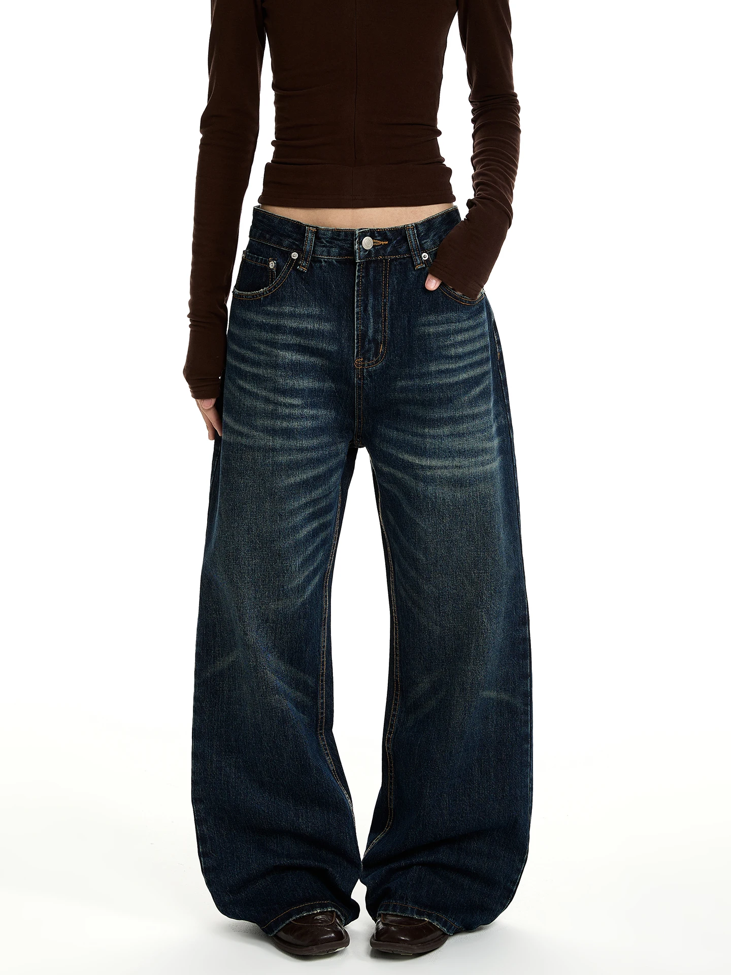 

Классические американские ретро-джинсы из синего денима, прямого кроя, с эффектом потертости, повседневные, длинные брюки из смесового хлопка и полиэстера