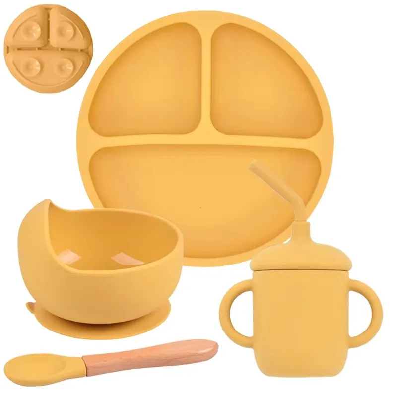 

4/5/6PCS Baby Silicone Tableware Set Kid Feeding Bowl Plate With Sucker Waterproof Bibs Wood Fork SpoonNon-slip Dinnerware Set
