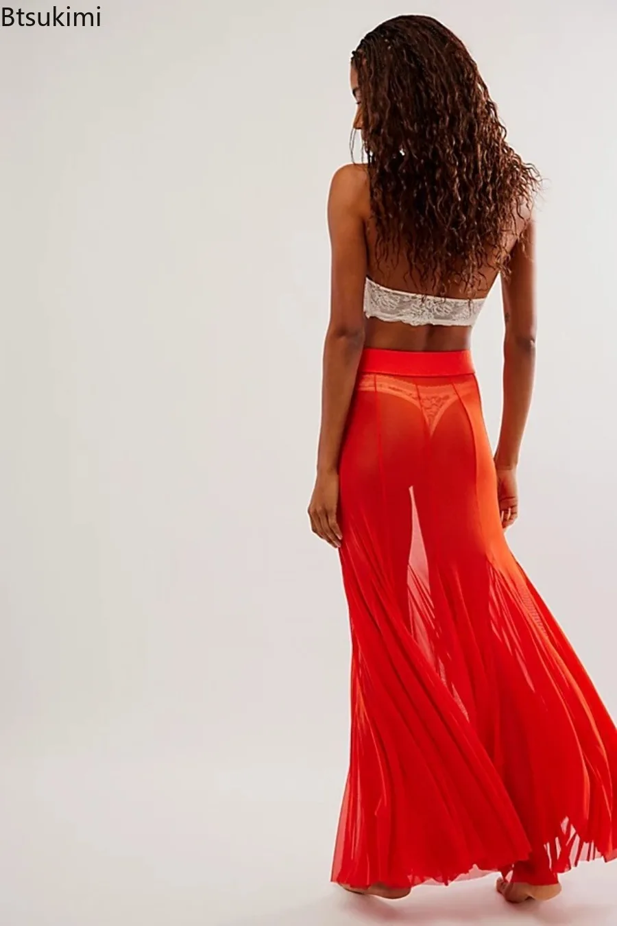 2025 New Fashionable Women’s Sexy Mesh Sheer Long Skirts Elastic High Waist Irregular Hem See-through Casual A-line Flowy Skirts