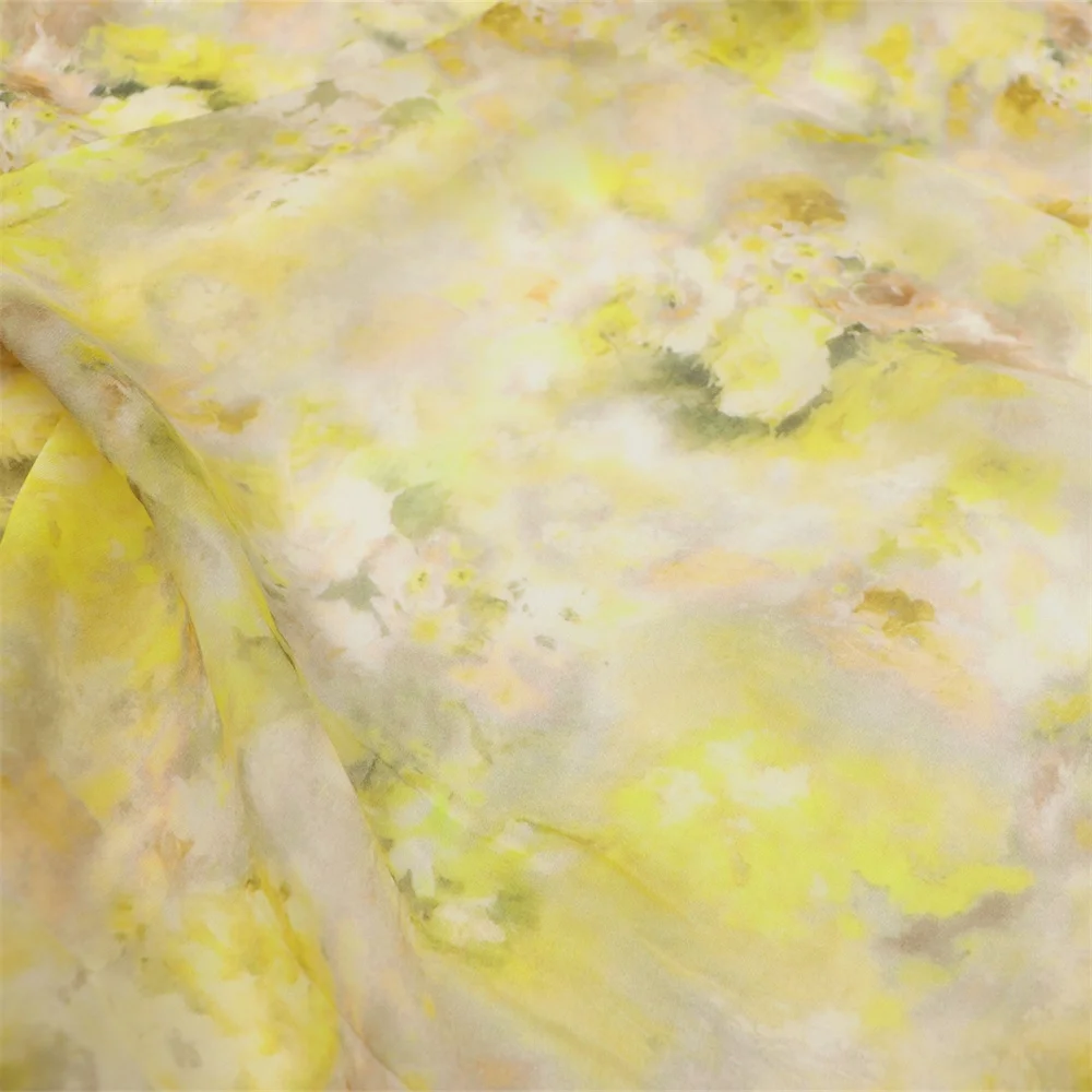 

High Quality Nice Silk Georgette Fabric Yellow Flowers Elegant Graceful Perfect for Women Dress Pajama Coat Cloth