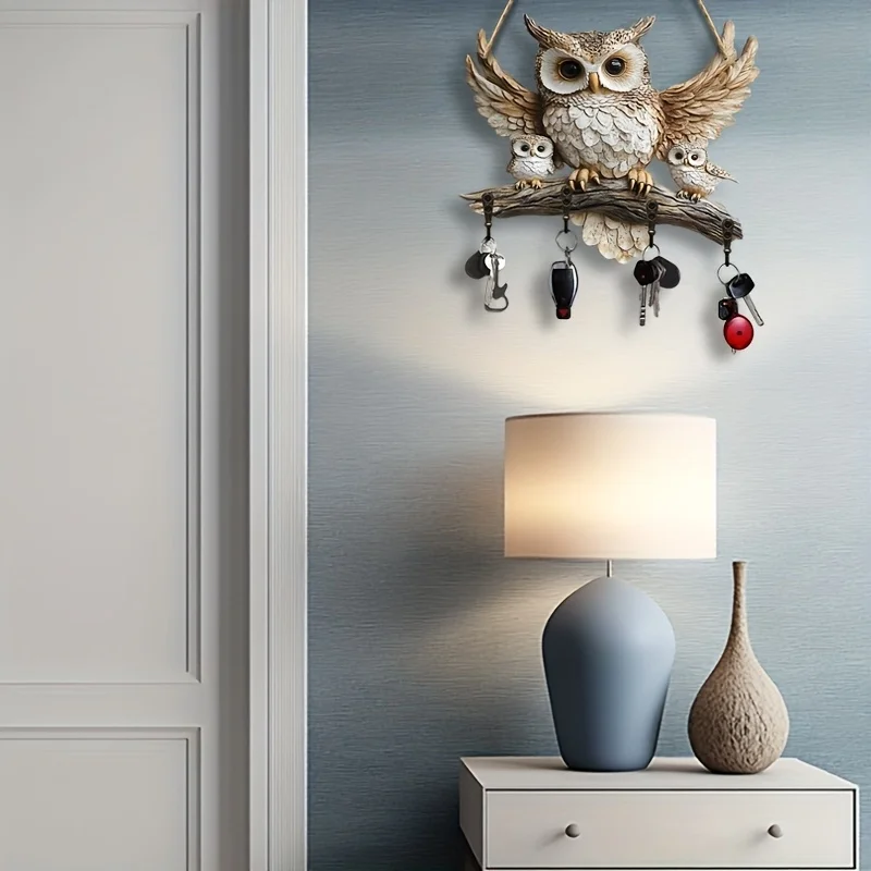 Practical Owl-Themed Wooden Key Holder 1 Piece 2D Flat Multi-Functional Wall Display Stand Creative Storage Porch Decor Gift view 4