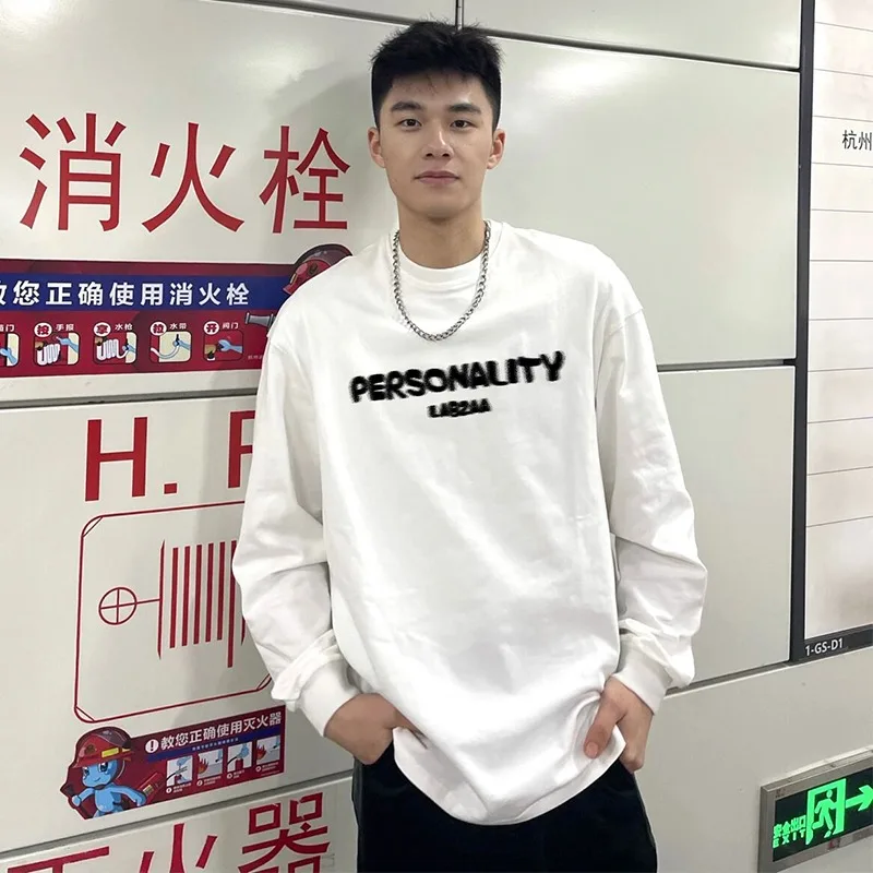 الأمريكية غير الحقيقية إلكتروني تي شيرت مطبوع الرجال 100% القطن المعتاد الأبيض س الرقبة طويلة الأكمام فضفاضة تي شيرت رياضي Y2k أفضل الرجال الملابس