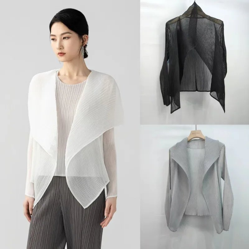 Miyake Pleated Jacket 2025 Summer New Fashion Tencel Light Comfortable Chiffon Pleats Shirt Peplum Sunscreen Cardigan Jacket