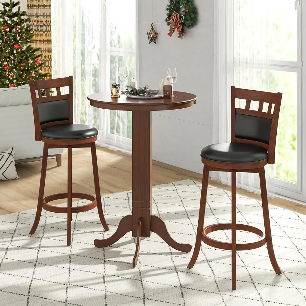 

3-Piece Bar Table and Chairs Set, Dining Table Set with 2 Swiveling Bar Stools, Round Kitchen Table, Rubber Wood Frame