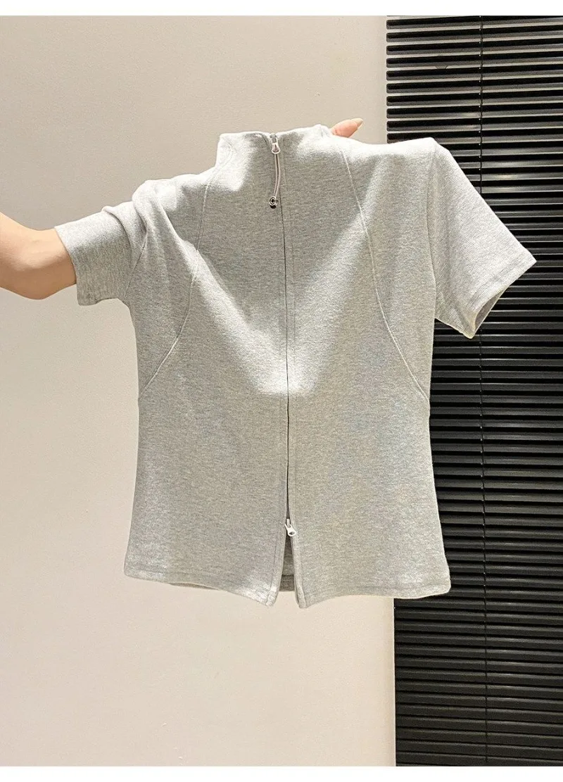 2026 New Spring Summer Korean All Match Sweet Cool Zip Stand Collar T Shirts Office Lady French Casual Clothes Shirts