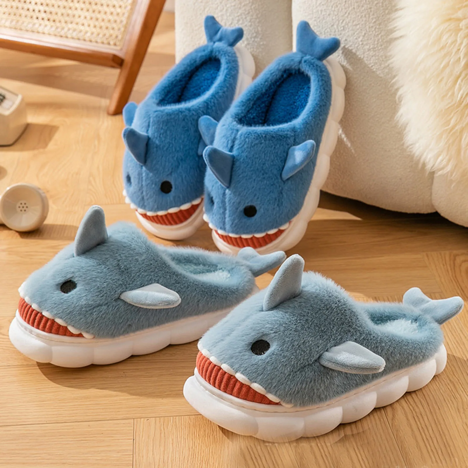 New Cotton Fuzzy Slippers Women Winter 3D Shark Cartoon Cute Plush Cotton Slippers Thickened Non Slip Warm Cotton Shoes