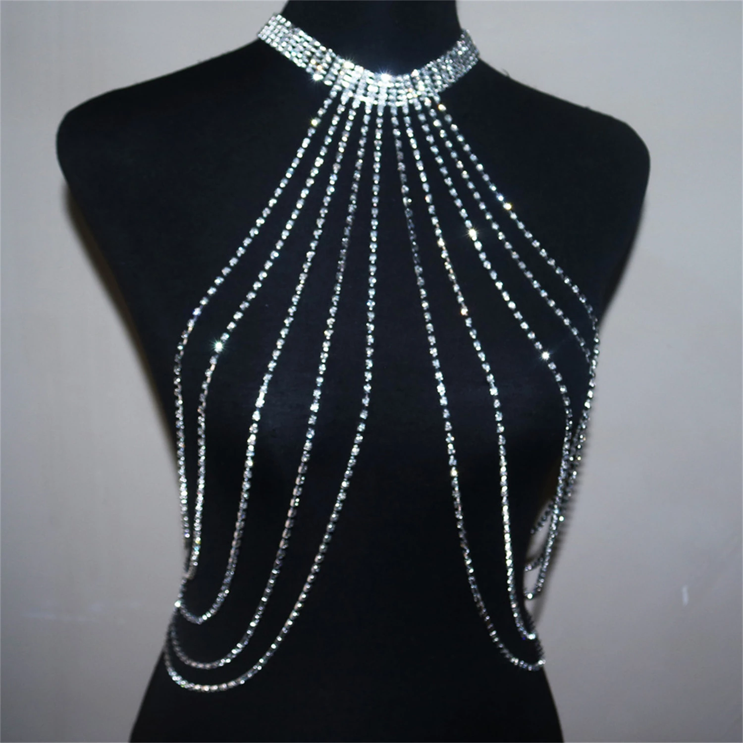 Summer Beach Sexy Rhinestone Bra Body Chain European American Multi layer Long Tassel Necklace Chest Chain Top
