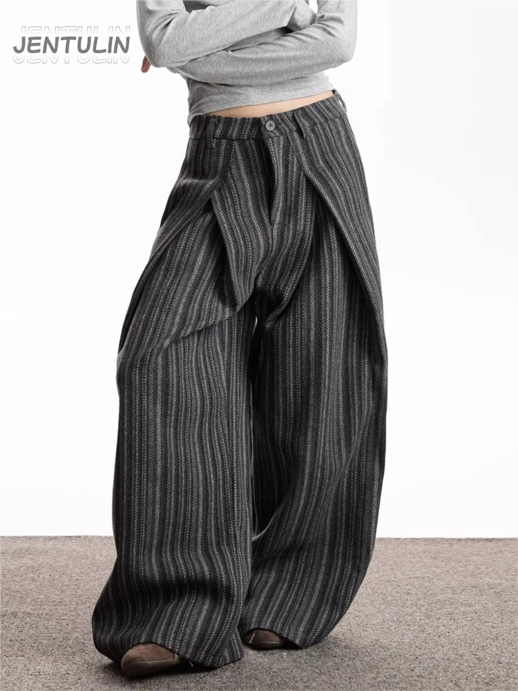 American Retro Niche Design Women's Casual Trousers Striped Contrast Color Pleated Loose Straight Wide Leg Casual Unisex Pants