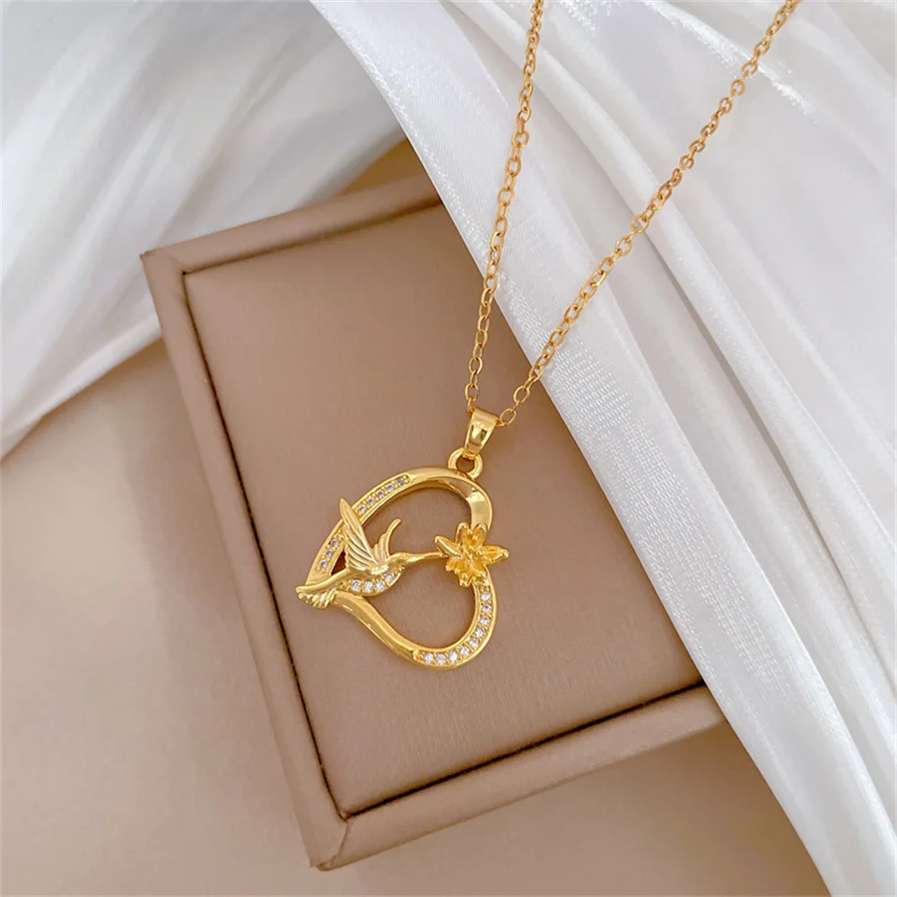 Retro Kolibri-Liebes-Zirkon-Halskette, Ausgehöhlter Liebesblumen-Vogel-Anhänger, Schlüsselbeinkette, Damen-Schmuck für Alltag und Party, Geschenk – Detail 5