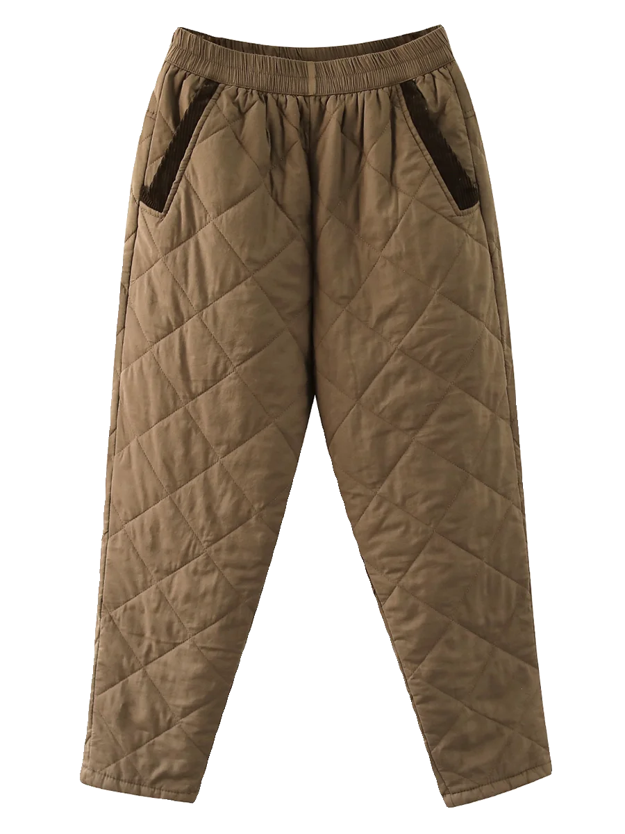 겨울 따뜻한 코튼 Fce 여성 캐주얼 바지 신축성 있는 허리 패치워크 스트라이프 벨벳 루즈핏 하란 바지 퓨어 컬러