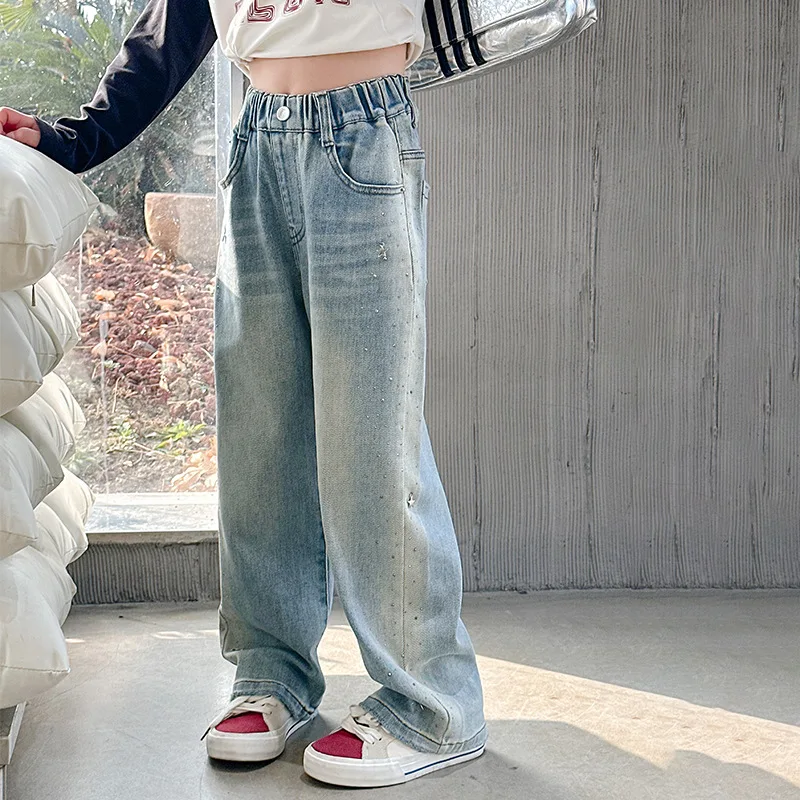 

Girls Jeans Summer Thin Fashion Casual Loose Wide Leg Pants for Kids Light Blue All-match School Teen Children Trousers 10 12Y