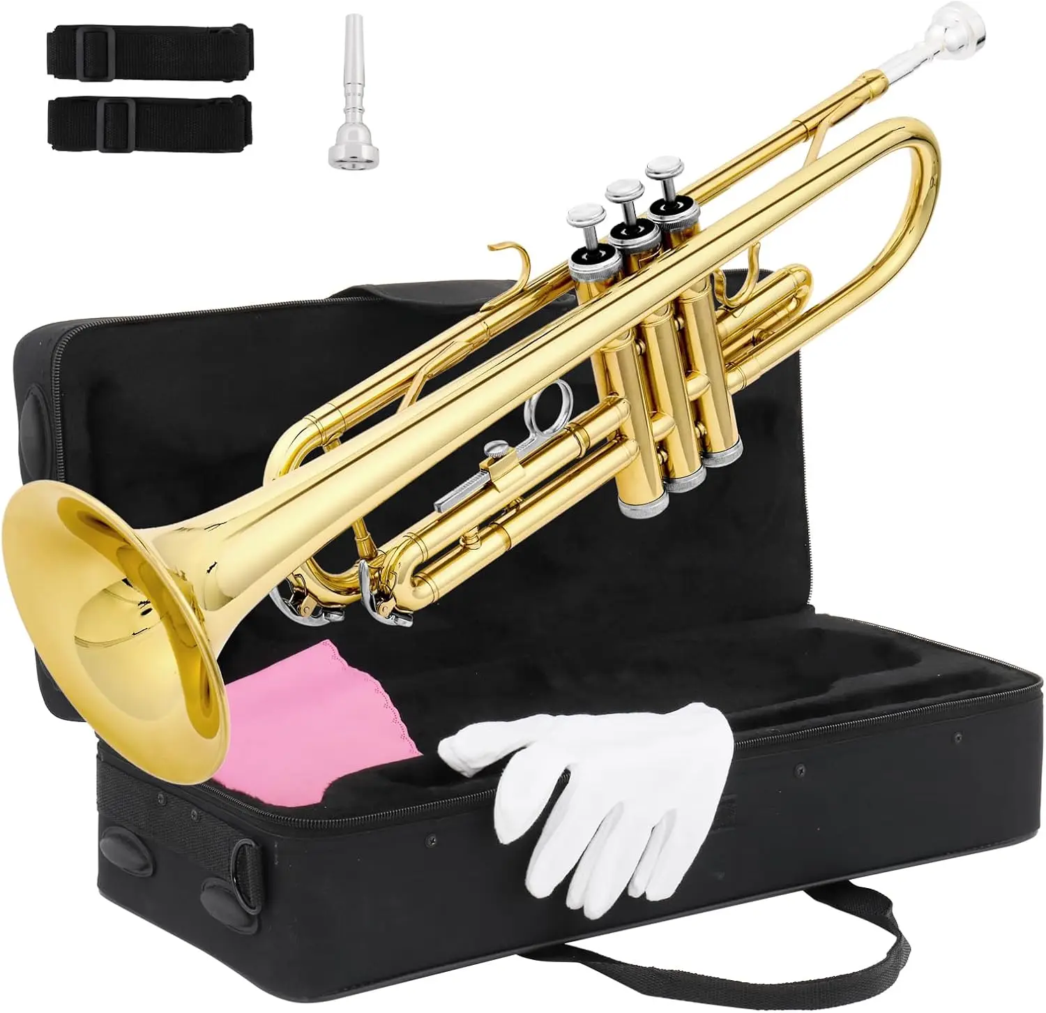 Standard Trumpet for Beginners,Trumpet for Student with Hard Case,7C Mouthpiece,Cleaning Cloth,Gloves,Brass Instruments for Kids