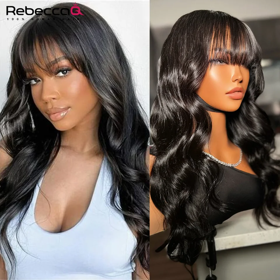 

Body wave wig with bangs for women choice 30 inch none lace front wig on Sale 200 density glueless wigs human hair ready to wear