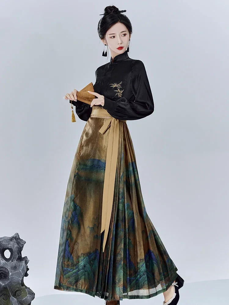 

New Chinese Style Thousand Mile Jiangshan Horse Face Skirt Set 2024 New Ming Dynasty Hanfu Women's Daily Wear chinese clothes