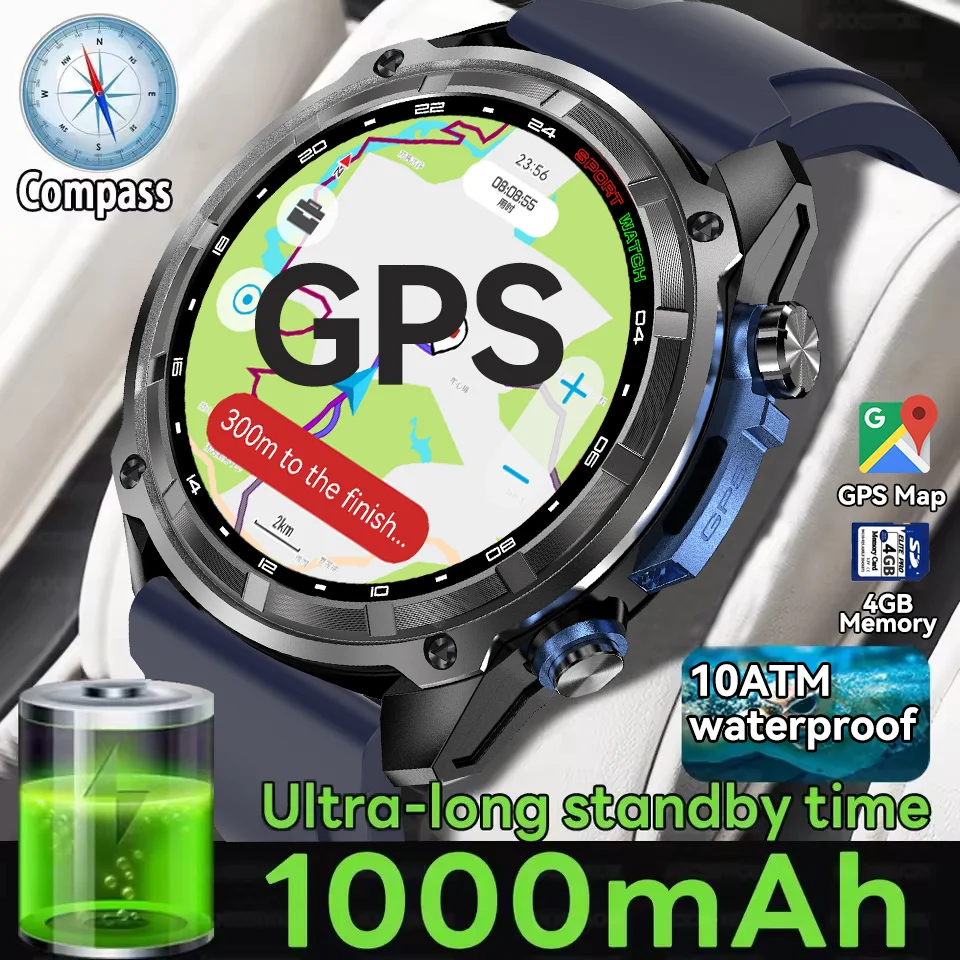 Nouveau intégré GPS carte montre intelligente boussole 1000mAh batterie 4GB mémoire 10ATM étanche Bluetooth appel hommes Sport Fitness Smartwatch